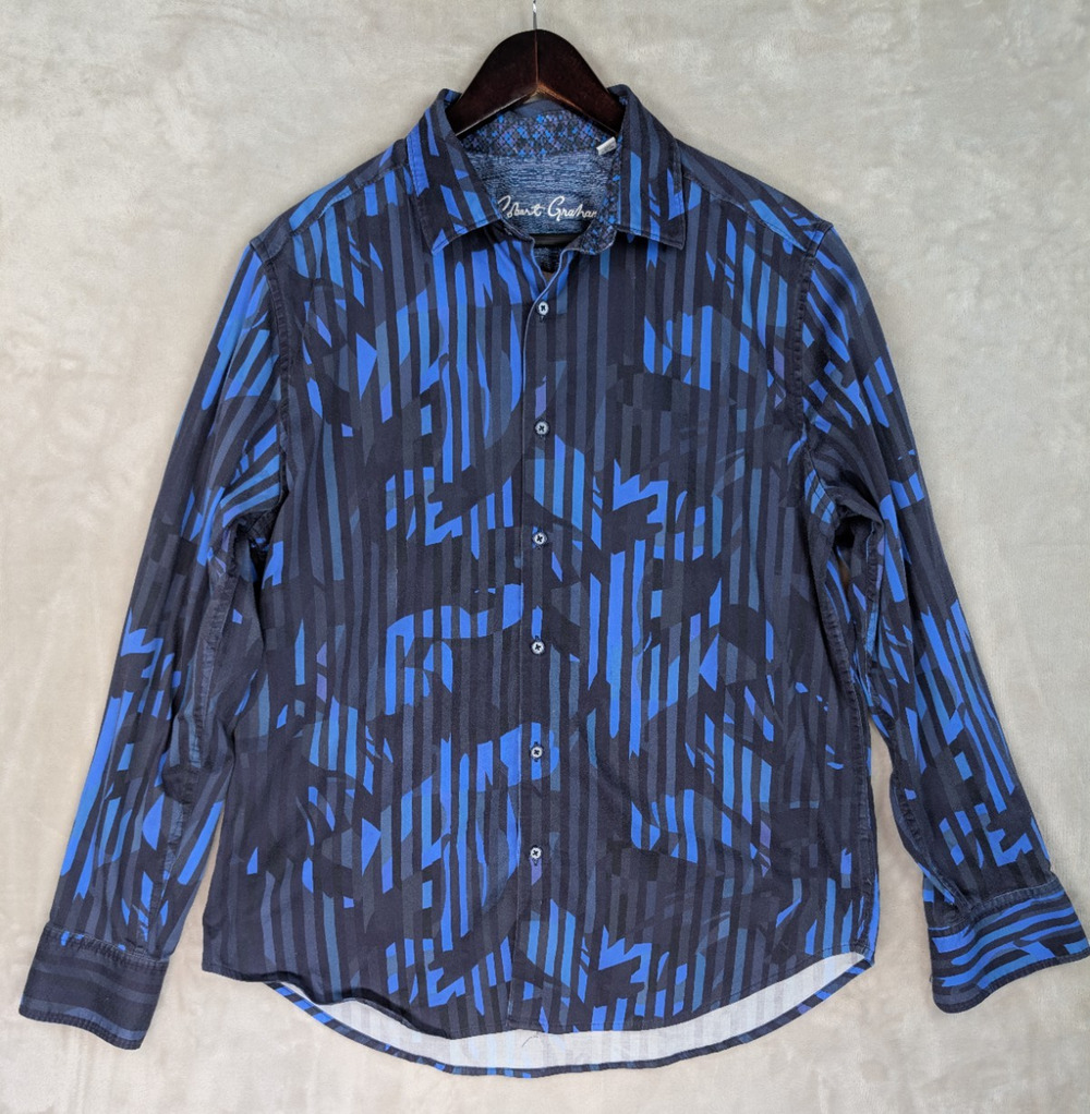 Robert Graham Rock The Boat Striped Blue Camo Shirt Men's XL Preppy Maiximalism